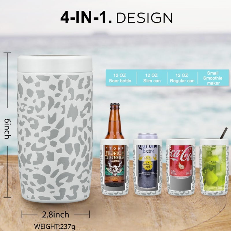 ITSLIFE 4-in-1 Slim Can Cooler Easy to Hold Insulated Beer Can Holder Double-walled Stainless Steel for All 12 Oz Cans Gift (White Leopard) - Image 5